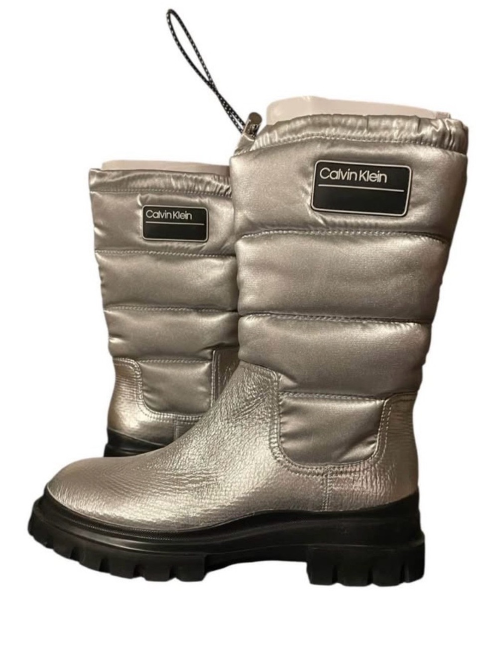 Calvin Klein Metallic Silver Puffer Lug-Sole Mid-Calf Boots